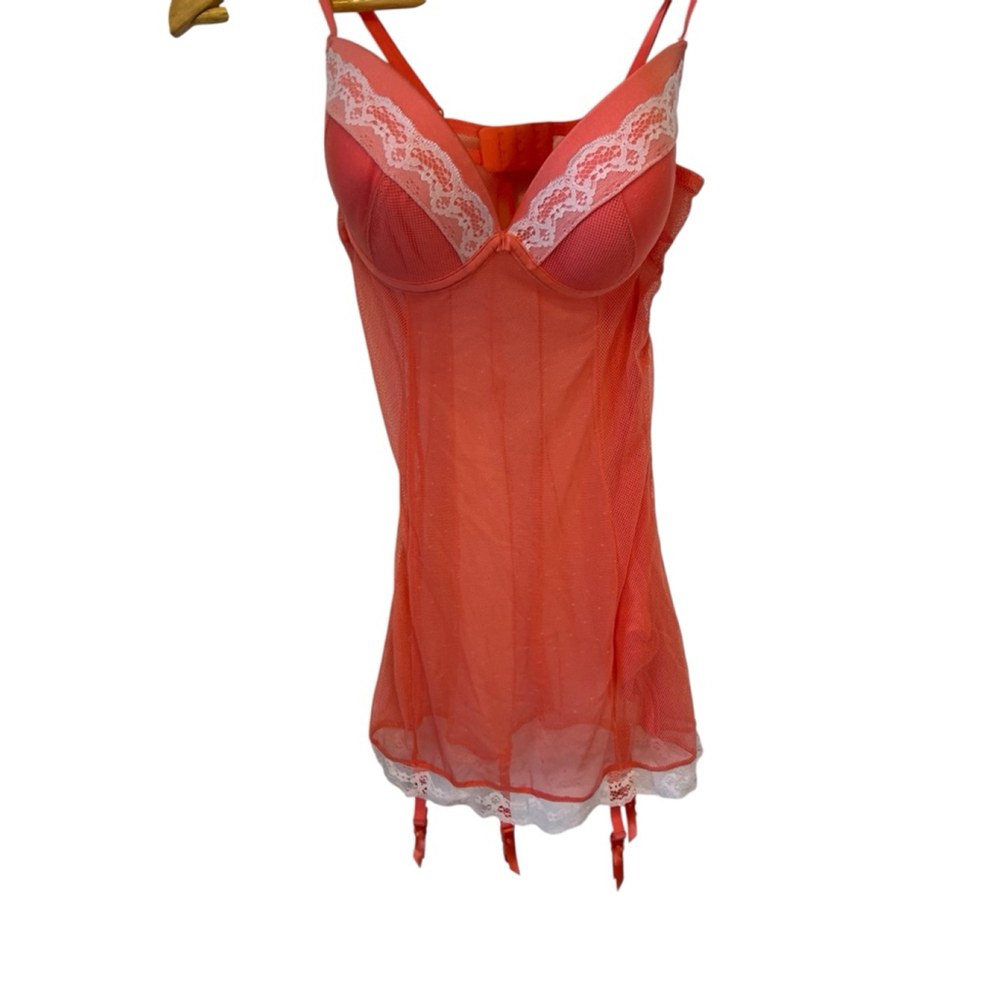 Women's Coral Chemise & Slip with White Lace Trim, Size M - Picture 2 of 10